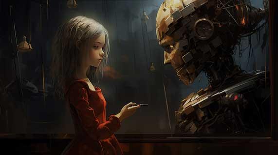 a girl looking at her AI double