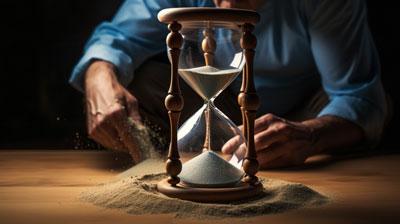 man putting sand in hour glass