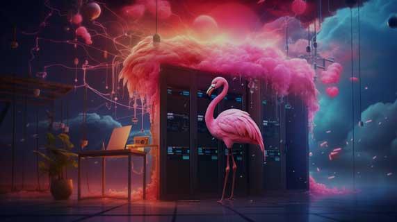 a flamingo in server room